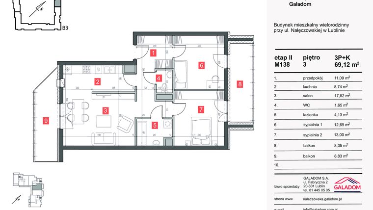 Rzut - Mieszkanie na sprzedaż 3 pokoje o powierzchni 69,12 m² - numer M-138 w Nałęczowska etap II