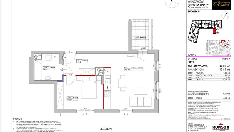 Rzut - Mieszkanie na sprzedaż 2 pokoje o powierzchni 46,27 m² - numer 11.D119 w Ursus Centralny etap V
