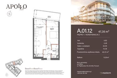 Rzut - Mieszkanie na sprzedaż 2 pokoje o powierzchni 47,35 m² - numer A.1.12 w Apollo Residence