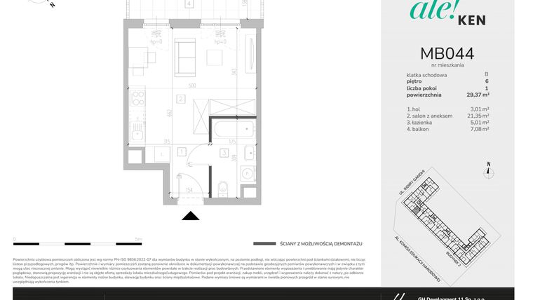 Rzut - Mieszkanie na sprzedaż 1 pokój o powierzchni 29,37 m² - numer MB044 w Ale!Ken etap 2