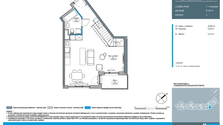 Rzut - Mieszkanie na sprzedaż 1 pokój o powierzchni 81,65 m² - numer CA0306 w Talarowa Park