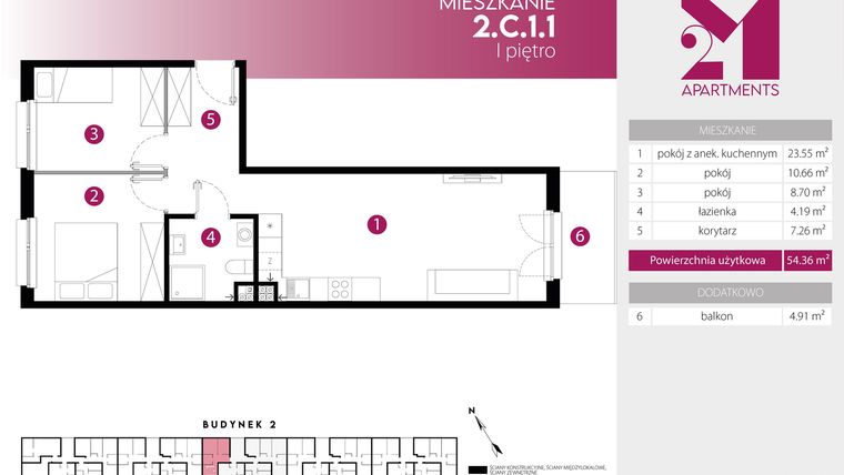 Rzut - Mieszkanie na sprzedaż 3 pokoje o powierzchni 54,36 m² - numer 2.C.1.1 w Maślice Wrocław Milo Dobry Deweloper etap III
