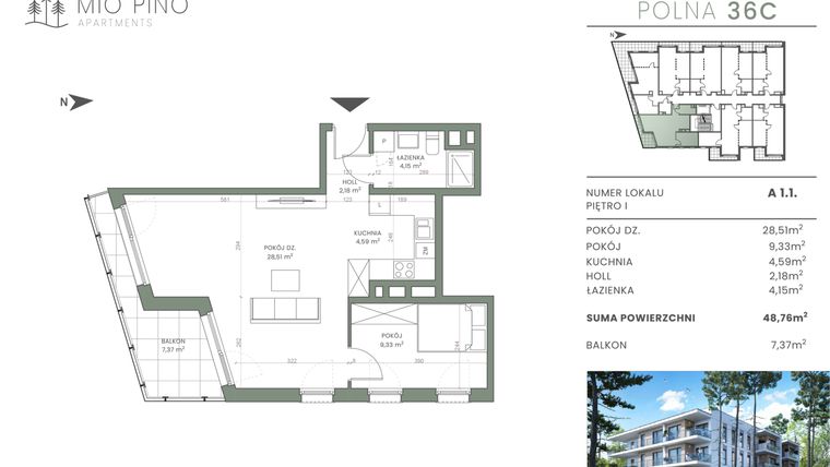 Rzut - Mieszkanie na sprzedaż 3 pokoje o powierzchni 48,76 m² - numer 1.1 w Mio Pino