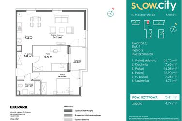 Rzut - Mieszkanie na sprzedaż 3 pokoje o powierzchni 73,41 m² - numer C1-30 w Slow City