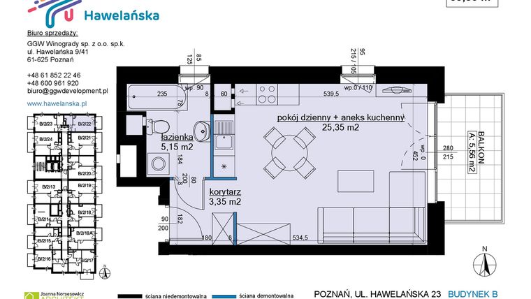 Rzut - Mieszkanie na sprzedaż 1 pokój o powierzchni 33,85 m² - numer B/2/22 w Osiedle Hawelańska etap III - bud. B
