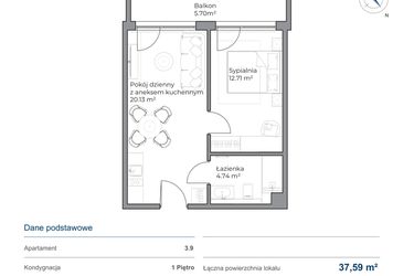Rzut - Mieszkanie na sprzedaż 2 pokoje o powierzchni 37,58 m² - numer B.3.9 w Anchoria Holiday