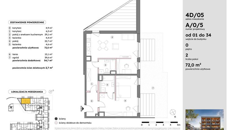 Rzut - Mieszkanie na sprzedaż 2 pokoje o powierzchni 72,03 m² - numer A/0/5 w Osiedle Mateckiego 4ALL