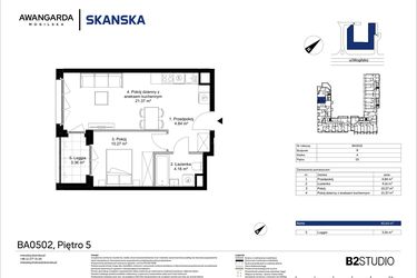 Rzut - Mieszkanie na sprzedaż 2 pokoje o powierzchni 40,64 m² - numer 1BA0502 w Awangarda Mogilska