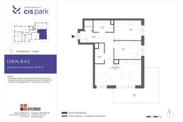 Rzut - Mieszkanie na sprzedaż 3 pokoje o powierzchni 59,09 m² - numer B.4.2 w CIS Park
