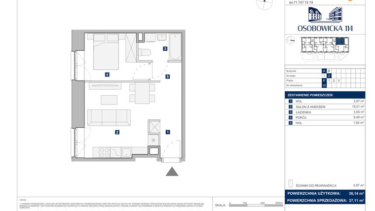 Rzut - Mieszkanie na sprzedaż 2 pokoje o powierzchni 37,11 m² - numer A.15 w Osobowicka 114