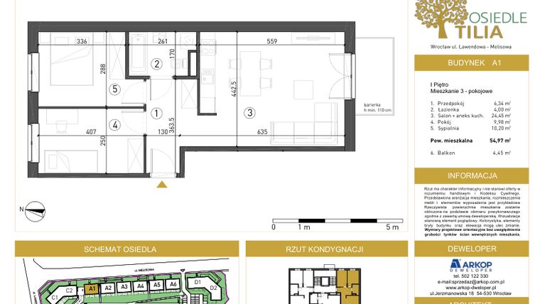 Rzut - Mieszkanie na sprzedaż 3 pokoje o powierzchni 54,97 m² - numer A1/1/4 w Osiedle Tilia