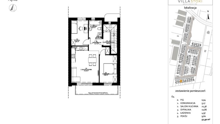 Rzut - Mieszkanie na sprzedaż 3 pokoje o powierzchni 52,9 m² - numer O4 w Villa Stoki (mieszkania)