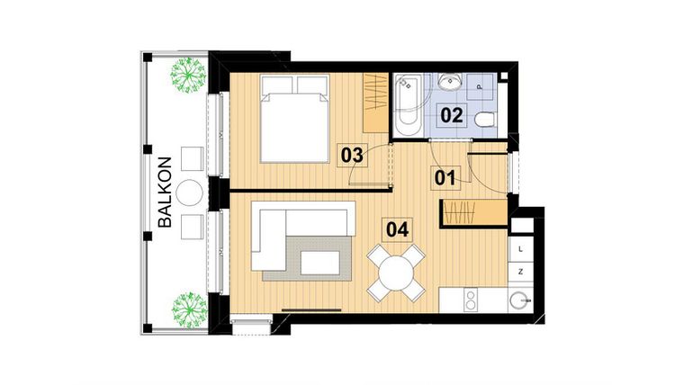 Rzut - Mieszkanie na sprzedaż 2 pokoje o powierzchni 35,02 m² - numer L14 w Green Park Resort III