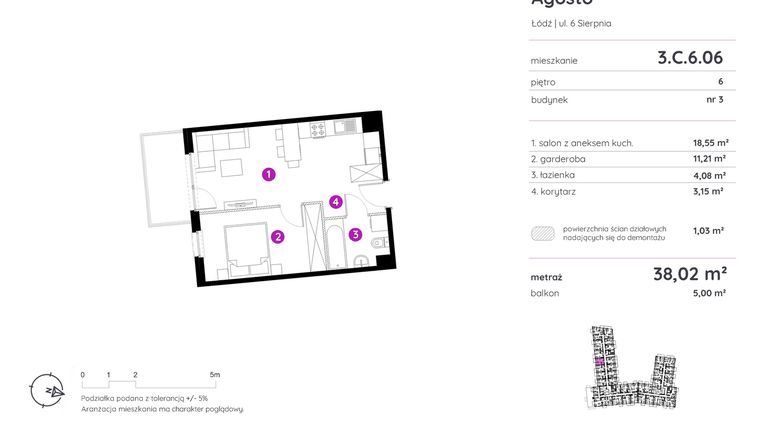 Rzut - Mieszkanie na sprzedaż 1 pokój o powierzchni 37,95 m² - numer 3.C.6.06 w Murapol Agosto