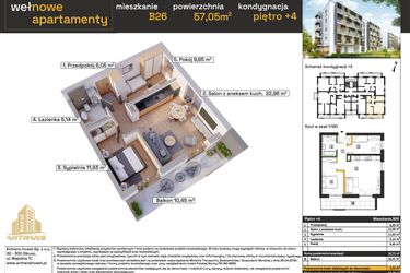 Rzut - Mieszkanie na sprzedaż 3 pokoje o powierzchni 55,73 m² - numer B26 w Osiedle Wełnowe Apartamenty