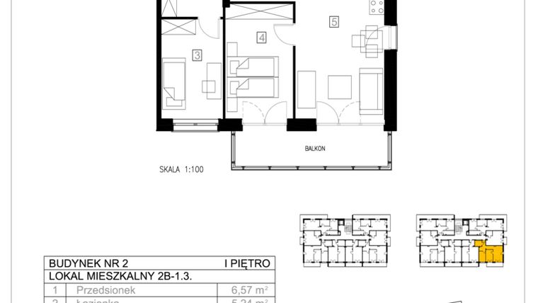 Rzut - Mieszkanie na sprzedaż 3 pokoje o powierzchni 55,35 m² - numer 2B-1.3 w Gardenia Pogodno