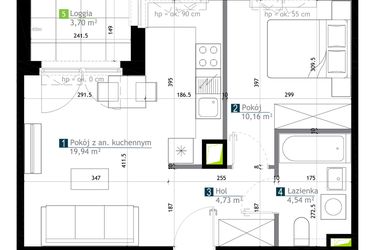 Rzut - Mieszkanie na sprzedaż 2 pokoje o powierzchni 39,37 m² - numer AA0305 w M Bemowo 3