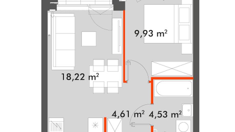 Rzut - Mieszkanie na sprzedaż 2 pokoje o powierzchni 37,29 m² - numer F1.C.04.04 w Splot Wola