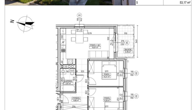 Rzut - Mieszkanie na sprzedaż 3 pokoje o powierzchni 53,17 m² - numer M.B8.01.32 w Osiedle Harmonia bud. B8