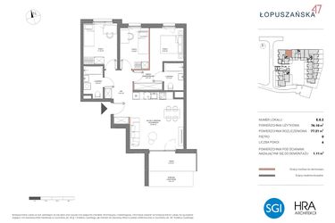 Rzut - Mieszkanie na sprzedaż 4 pokoje o powierzchni 77,21 m² - numer E.0.2 w Łopuszańska 47 - etap 2
