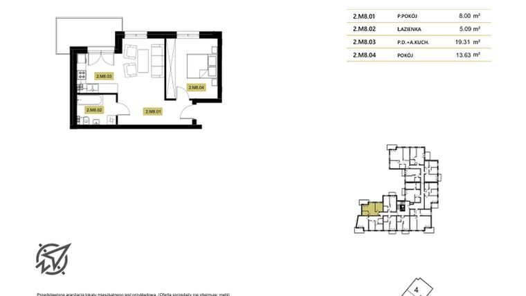 Rzut - Mieszkanie na sprzedaż 2 pokoje o powierzchni 30,18 m² - numer 2M8 w Stary Browar bud. 2