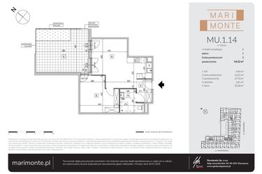Rzut - Mieszkanie na sprzedaż 2 pokoje o powierzchni 54,22 m² - numer MU.1.14 w Marimonte - apartamenty inwestycyjne