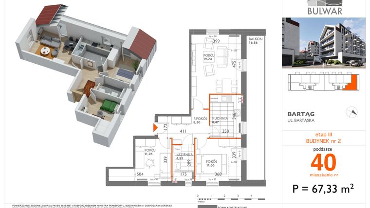 Rzut - Mieszkanie na sprzedaż 3 pokoje o powierzchni 67,33 m² - numer 40 w Bulwar bud. 2