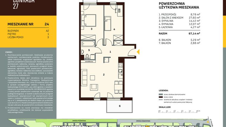 Rzut - Mieszkanie na sprzedaż 3 pokoje o powierzchni 67,14 m² - numer A2.24 w Conrada 27