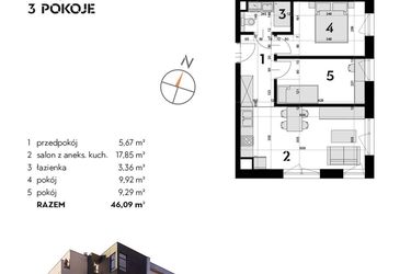 Rzut - Mieszkanie na sprzedaż 3 pokoje o powierzchni 46,09 m² - numer OK-09 w OKI DOKI