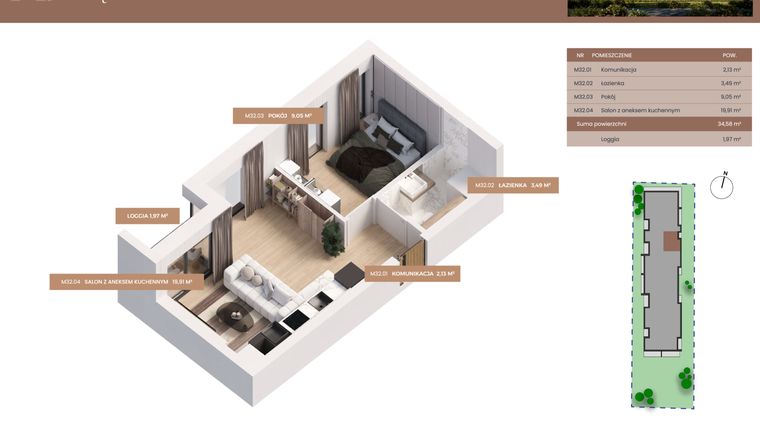 Rzut - Mieszkanie na sprzedaż 2 pokoje o powierzchni 34,58 m² - numer 32 w Apartamenty Częstochowska