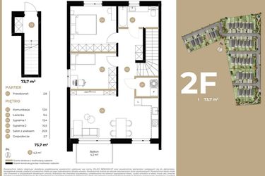 Rzut - Mieszkanie na sprzedaż 3 pokoje o powierzchni 73,7 m² - numer 2F w Kasprowicza 4