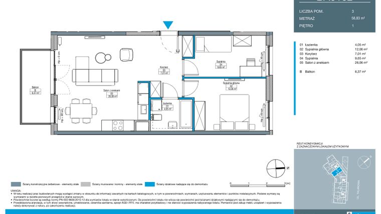 Rzut - Mieszkanie na sprzedaż 3 pokoje o powierzchni 58,83 m² - numer BA0102 w Talarowa Park