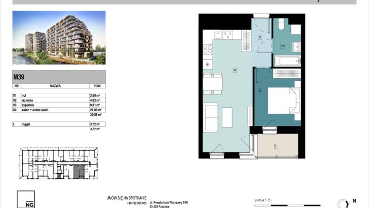 Rzut - Mieszkanie na sprzedaż 2 pokoje o powierzchni 39,78 m² - numer D39 w Panorama Kwiatkowskiego
