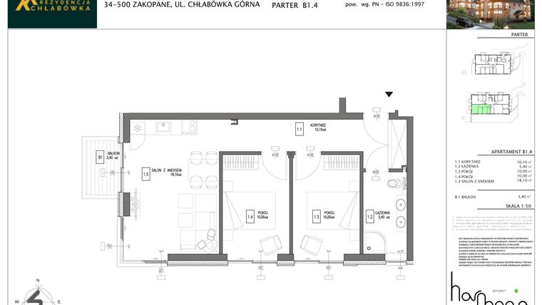 Rzut - Mieszkanie na sprzedaż 3 pokoje o powierzchni 53,6 m² - numer B1.4 w Rezydencja Chłabówka