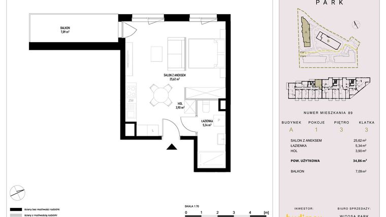 Rzut - Mieszkanie na sprzedaż 1 pokój o powierzchni 34,86 m² - numer A89 w Witosa Park