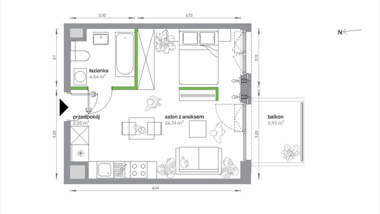 Rzut - Mieszkanie na sprzedaż 1 pokój o powierzchni 31,63 m² - numer 2/A/3/3 w Sochaczewska Vita
