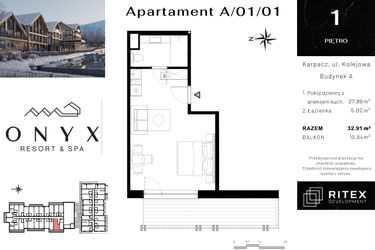Rzut - Mieszkanie na sprzedaż 1 pokój o powierzchni 33,1 m² - numer NR 01.A1 w Onyx Resort & Spa