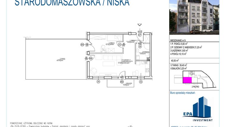 Rzut - Mieszkanie na sprzedaż 2 pokoje o powierzchni 40,5 m² - numer 9 w Kamienica przy ul. Starodomaszowskiej