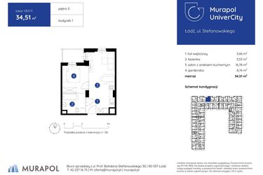 Rzut - Mieszkanie na sprzedaż 1 pokój o powierzchni 34,51 m² - numer 1.B.5.11 w Murapol UniverCity