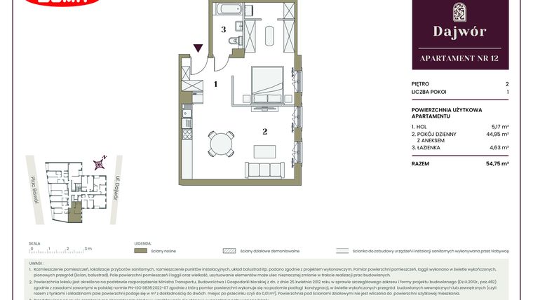Rzut - Mieszkanie na sprzedaż 1 pokój o powierzchni 54,75 m² - numer 12 w Dajwór