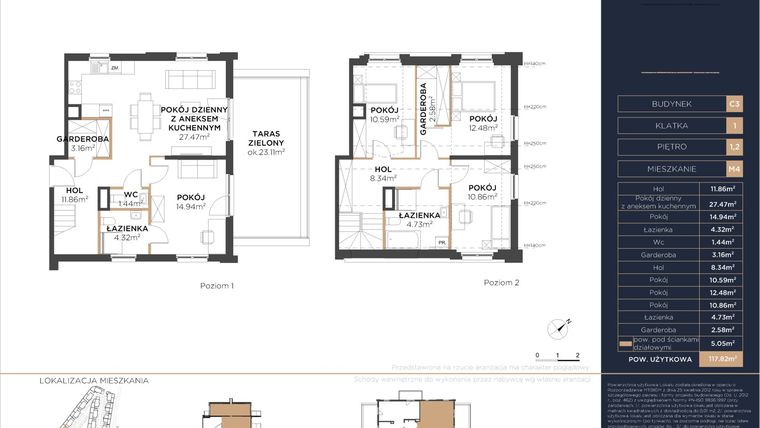 Rzut - Mieszkanie na sprzedaż 5 pokoi o powierzchni 117,7 m² - numer C3.M4 w Motława Garden