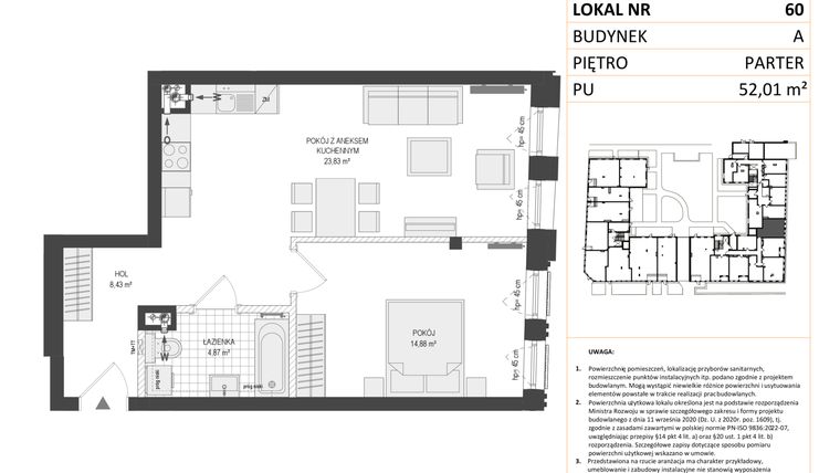 Rzut - Mieszkanie na sprzedaż 2 pokoje o powierzchni 51,94 m² - numer A.60 w Esencja