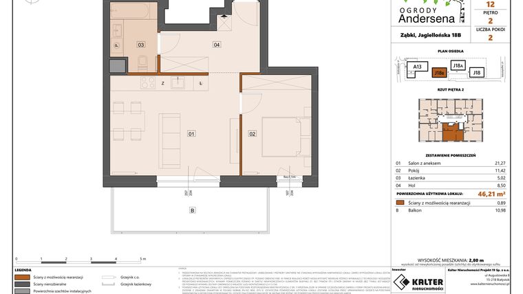 Rzut - Mieszkanie na sprzedaż 2 pokoje o powierzchni 46,21 m² - numer 12B w Ogrody Andersena