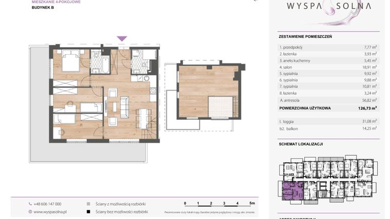 Rzut - Mieszkanie na sprzedaż 4 pokoje o powierzchni 126,73 m² - numer B.7.2 w Wyspa Solna Etap III, budynek B