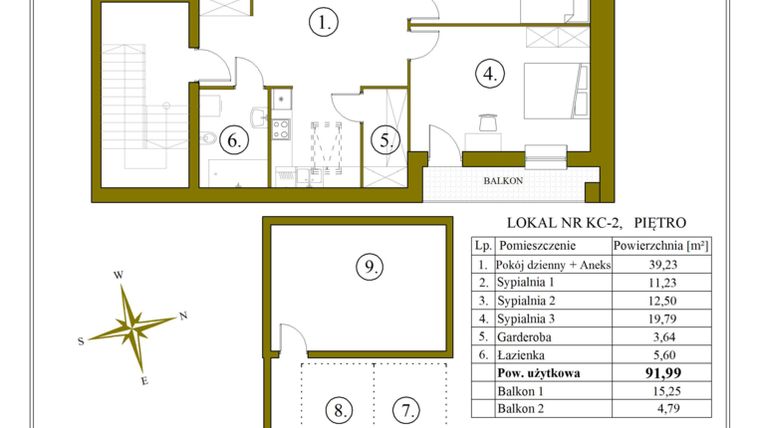 Rzut - Mieszkanie na sprzedaż 3 pokoje o powierzchni 91,99 m² - numer KC-2 w Apartamenty Sławinkowskie
