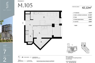 Rzut - Mieszkanie na sprzedaż 2 pokoje o powierzchni 42,12 m² - numer M105 w Sky Trust etap II