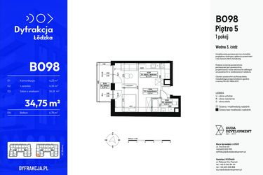 Rzut - Mieszkanie na sprzedaż 1 pokój o powierzchni 34,75 m² - numer B098 w Dyfrakcja Łódzka
