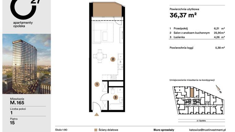 Rzut - Mieszkanie na sprzedaż 1 pokój o powierzchni 36,37 m² - numer M.165 w O27 Apartamenty Opolska