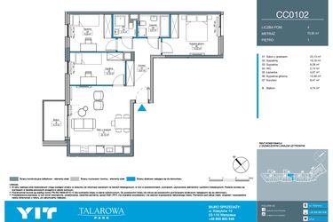 Rzut - Mieszkanie na sprzedaż 4 pokoje o powierzchni 70,85 m² - numer CC0102 w Talarowa Park