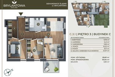 Rzut - Mieszkanie na sprzedaż 3 pokoje o powierzchni 59,6 m² - numer C.3.1 w Brylantowa Enklawa bud. C